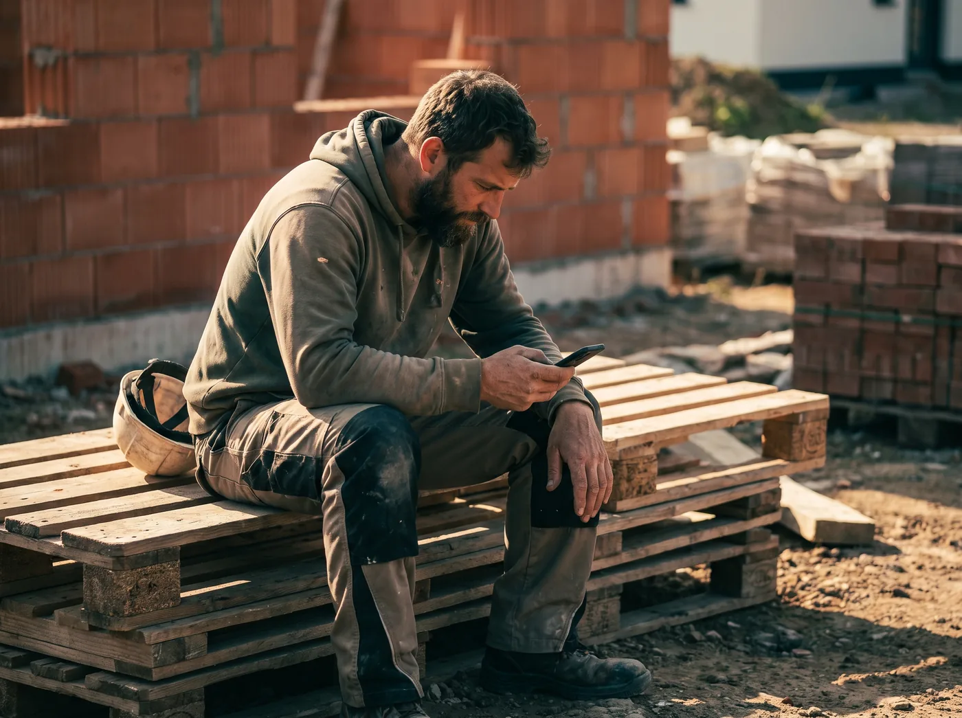 Maurer tippt in der Pause auf seinem Smartphone