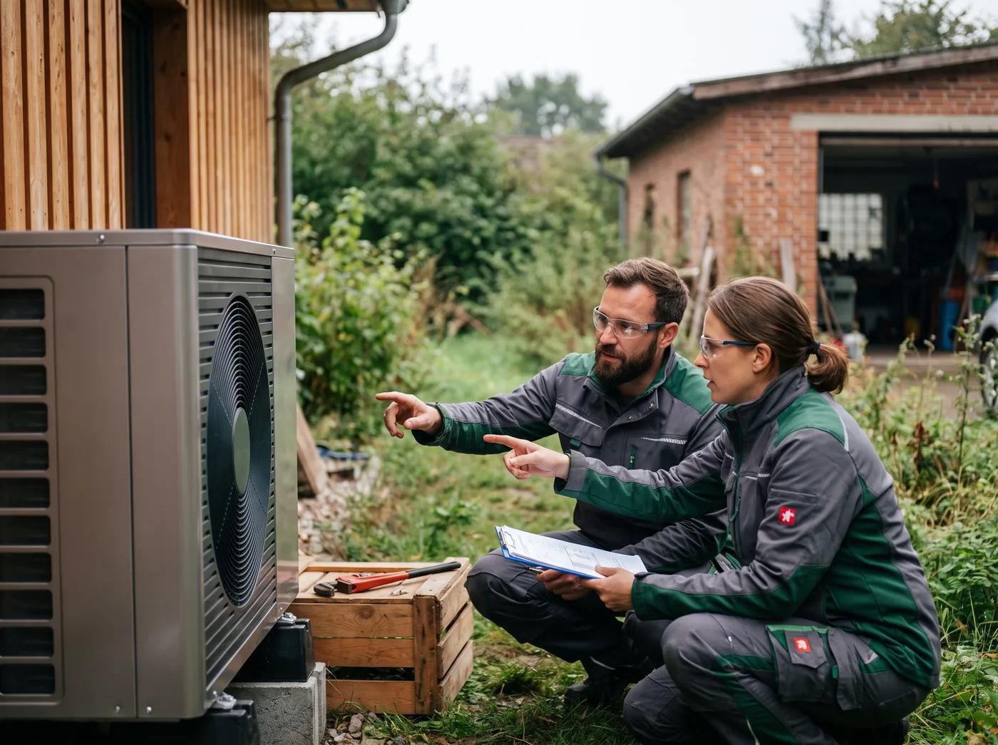 Zwei Anlagenmechaniker prüfen eine Wärmepumpe