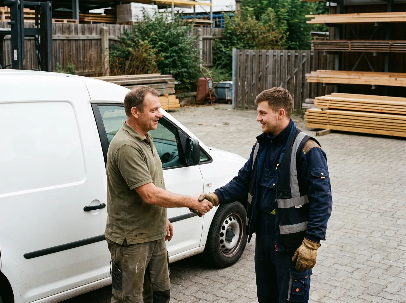 Betriebsinhaber und Handwerker geben sich vor einem Transporter die Hand